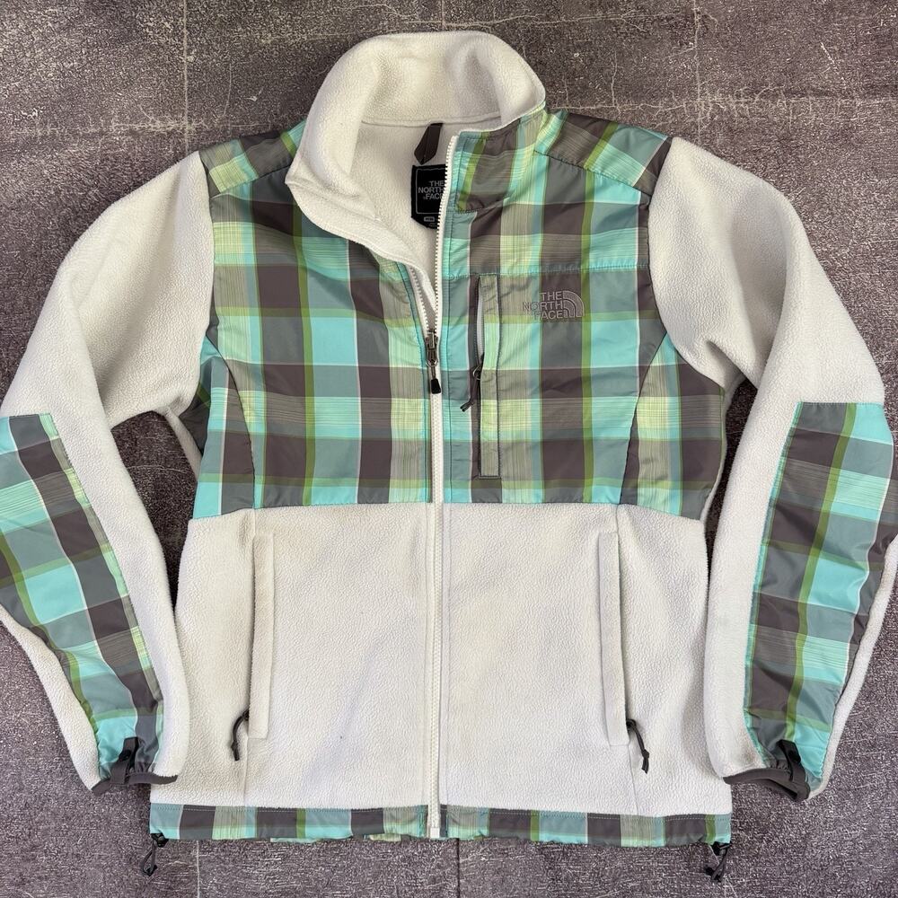 Women's Vintage Y2K The North Face White Teal Plaid Denali Fleece Jacket Sz M